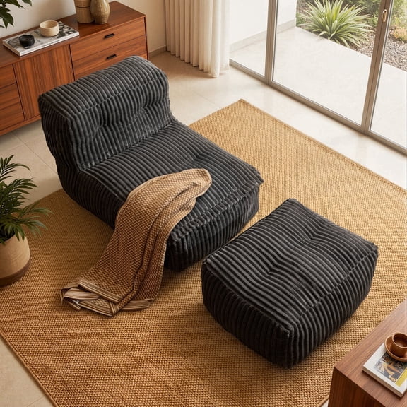 XIZZI Oversized Bean Bag Chair with Ottoman, Ergonomic High Density Foam Floor Lounge Sofa, Soft Corduroy Lazy Couch for Living Room Bedroom, No Assembly, Gray