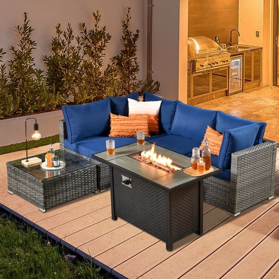 XIZZI 5-Piece Patio Furniture Sets with Fire Pit Table, Patio Outdoor Sectional Set with Coffee Table, All-Weather Wicker Outdoor Conversation Sets for Backyard, Garden, Navy Blue