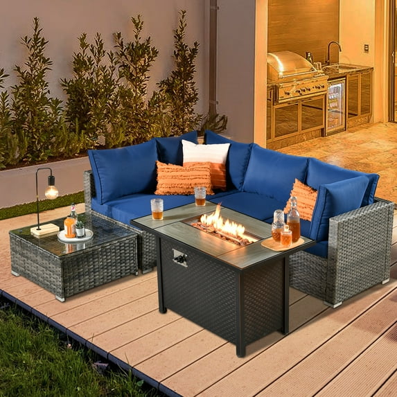 XIZZI Patio Conversation Set 6 PCS Wicker Furniture Set with Propane Fire Pit Table,Blue