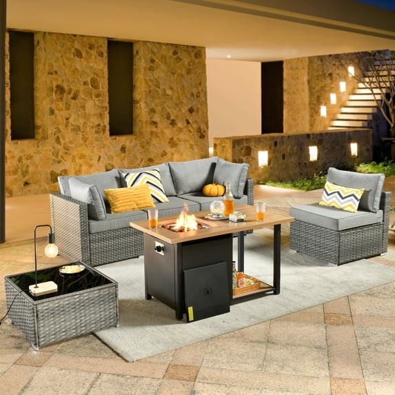 XIZZI Patio Conversation Set 6 PCS Wicker Furniture Set with Propane Fire Pit Table,Dark Grey