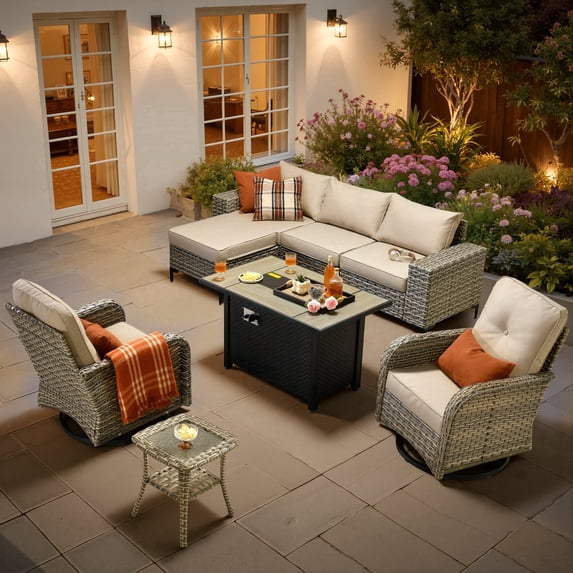 XIZZI Patio Furniture Outdoor Conversation Set with Wide Armrests, Wicker Rattan Patio Outdoor sectional with Firepit Table and Swivel Rocking Chair, Beige