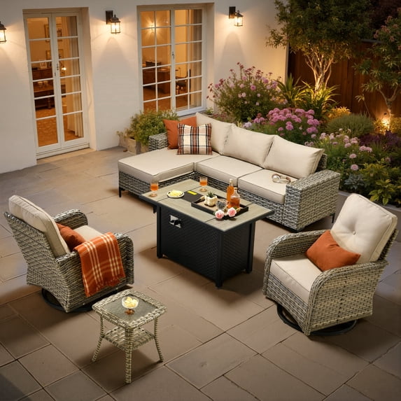 XIZZI Patio Furniture Outdoor Conversation Set with Wide Armrests, Wicker Rattan Patio Outdoor sectional with Firepit Table and Swivel Rocking Chair, Beige
