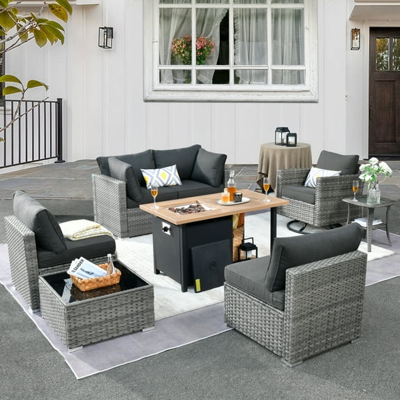 XIZZI Patio Conversation Set Wicker Rattan Patio Furniture Set with Swivel Rocking Chair and Firepit,Black