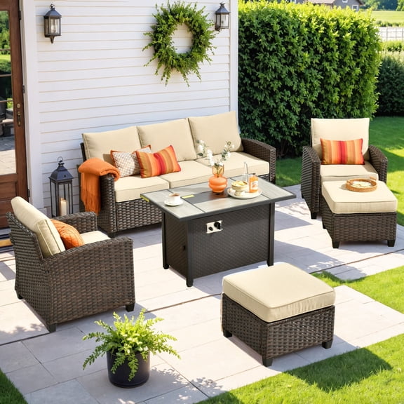 XIZZI Patio Furniture 6 Pieces High Back Wicker Outdoor Conversation Set All Weather Rattan Outside Seating Set with Fire Pit Table for Balcony, Beige