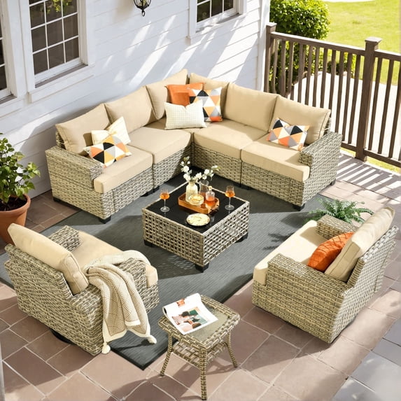 XIZZI Patio Furniture 9 Pieces All Weather Wicker Sectional Sofa Set Rattan Outdoor Conversation Set with Swivel Rocking Chairs for Garden, Beige