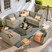 XIZZI Patio Furniture 9 Pieces All Weather Wicker Sectional Sofa Set Rattan Outdoor Conversation Set with Swivel Rocking Chairs for Garden, Dark Gray