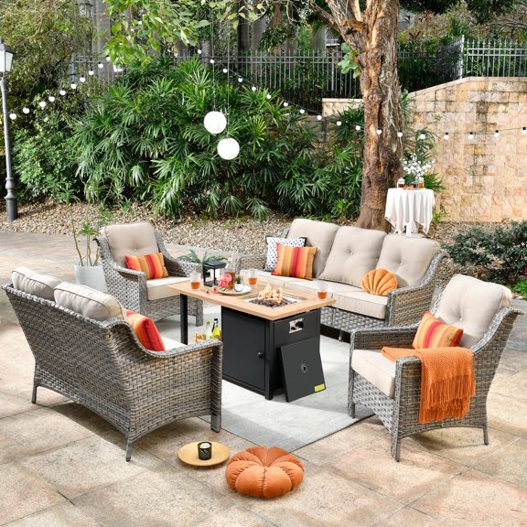 XIZZI Patio Furniture Set All Weather Rattan Wicker Conversation Set with Smokeless Fire Pit Table,Beige