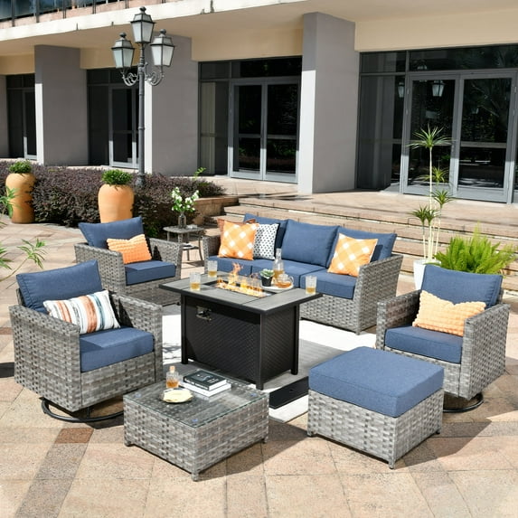 XIZZI Patio Furniture Sets 10 Pieces with Outdoor Wicker Swivel Rocking Chairs Coffee Table and Fire Pit,Bright Blue