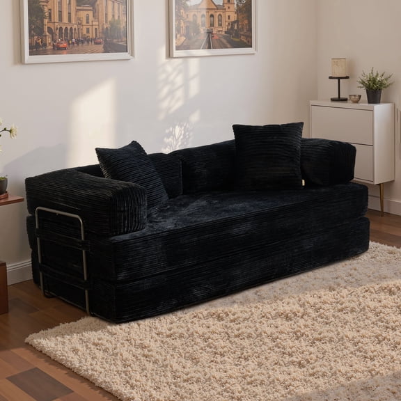 XIZZI 80.5" Convertible Sleeper Sofa Bed, Cloud Boneless Couch with Plush Corduroy, Sturdy Sprung Support, Oversize Comfy Loveseat for Living Room Bedroom, Black