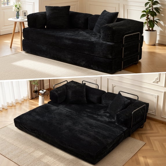 XIZZI 80.5" Convertible Sleeper Sofa Bed, Cloud Boneless Couch with Plush Corduroy Fabric, Sprung Support,Oversize Three Seats Combination Sofa for Living Room Bedroom, Black