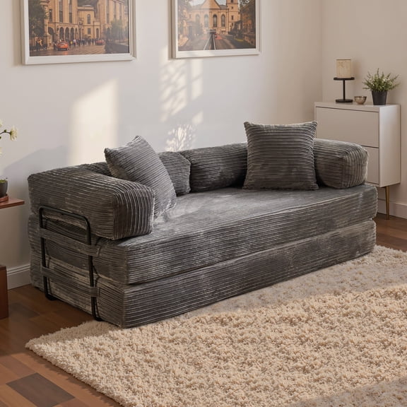 XIZZI 80.5" Convertible Sleeper Sofa Bed, Cloud Boneless Couch with Plush Corduroy, Sturdy Sprung Support, Oversize Comfy Loveseat for Living Room Bedroom, Gray