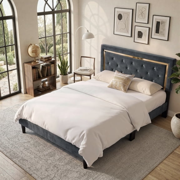XIZZI Upholstered Full Bed Frame with Diamond Tufted Headboard, Gold Trim, Wooden Slat Support, No Box Spring Needed, Velvet Platform Bed Frame for Bedroom, Gray