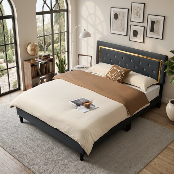 XIZZI Upholstered Queen Bed Frame with Diamond Tufted Headboard, Gold Trim, Wooden Slat Support, No Box Spring Needed, Velvet Platform Bed Frame for Bedroom, Gray