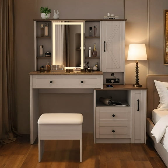 XIZZI Vanity Desk with Adjustable Mirrors & 3 Lighting Colors, Makeup Vanity with Power Strip, Dressing Table Set with Drawers & Cabinets & Storage Stool