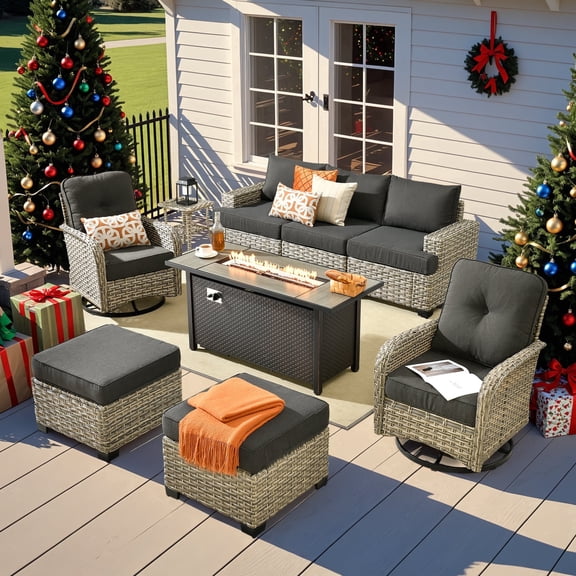 XIZZI Wicker Patio Furniture 9 Pieces Rattan Outdoor Conversation Set All Weather Outside Sectional Sofa Set with Swivel Chair and Fire Pit Table for Backyard, Black