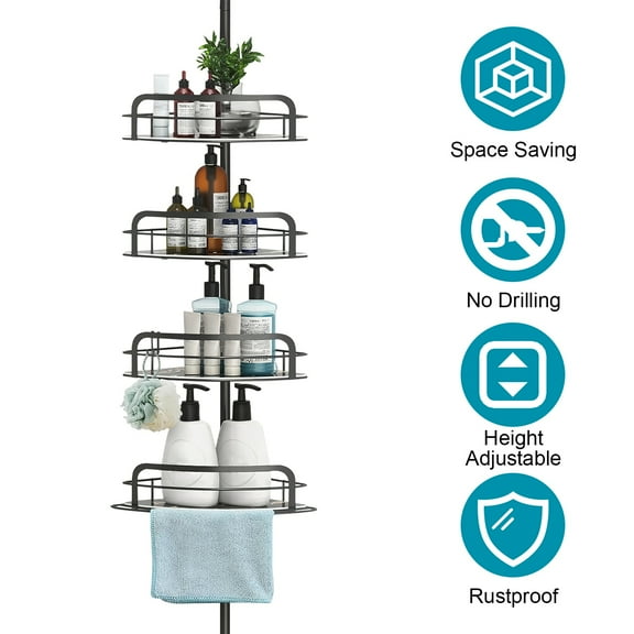 XIlee Corner Shower Caddy Tension Pole, Stainless Steel Shower Organizer,4 Tier Floor to Ceiling Bathroom Shower Organizer for Bathtub Shampoo Accessories Storage Holder,8.66 to 116 Inch,Black