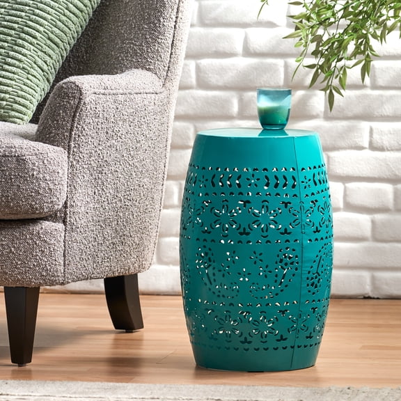 XIlee Outdoor and Indoor Patio Garden Lace Cut Iron End Side Table,Metal Outdoor Stool Hollow Drum Round Side Table, Decorative Garden Stool with Cutout Design, Blue