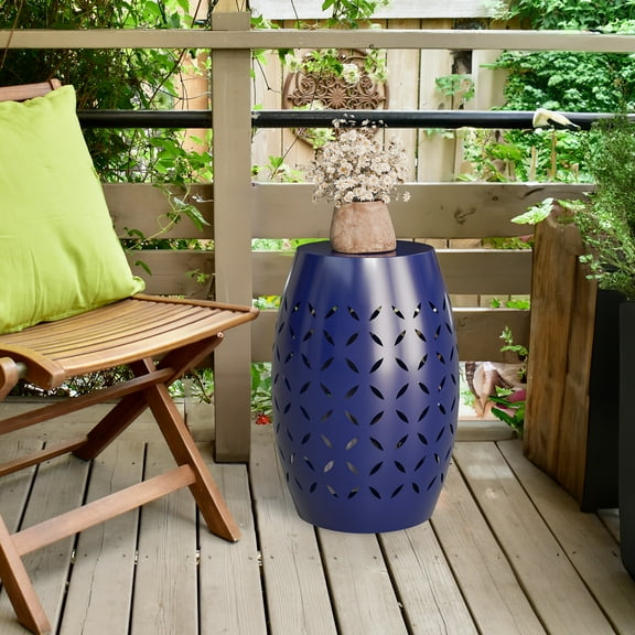 XIlee Outdoor Iron Side Table, 9.4" Patio End Table Anti-Rust Metal Round Drum Garden,Small Decorative Round Accent Table for Balconies or Patios (Blue)