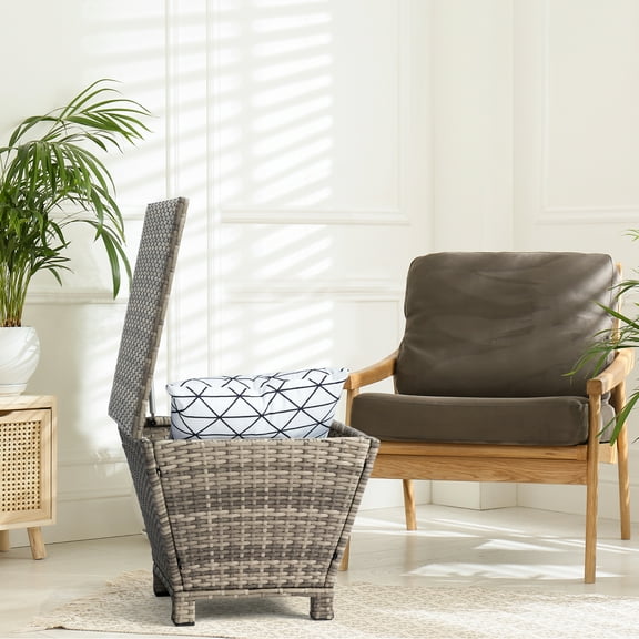 XIlee Outdoor Wicker Side Table with Storage Patio Rattan End Table Small Resin Container Brown Gradient Rattan Design - All-Weather, Sturdy Steel Frame - Patio Storage Bin