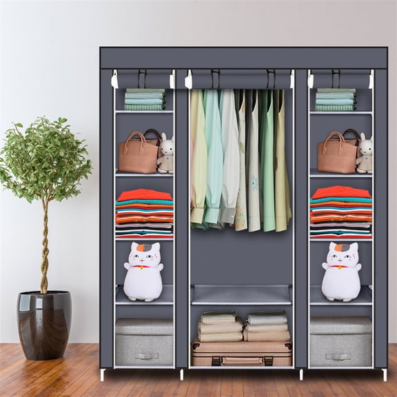 XIlee Portable Closet, Clothes Storage Box, Simple Wardrobe for Hanging Clothes, Multiple Shelves, Non-Woven Fabric Quick and Easy to Assemble Extra Strong and Durable Gray