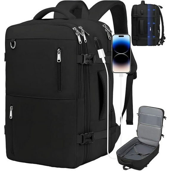 XJ-HOME Extra Large Carry On Backpack Flight Approved, Expandable Travel Backpack For Women Men, Waterproof Personal Item Backpack Airline Approved, 17" Laptop Backpack For Traveling, Black