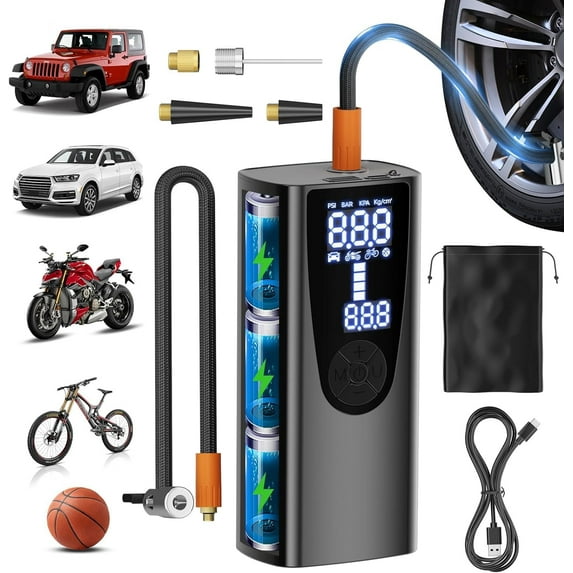 XJ-HOME Portable Electric Air Compressor 6000 mAh S9 Battery Operated Air Pump 0.1-10.3bar/3-150PSI 4 Modes Charging Mode Type-C Digital Display LED Light