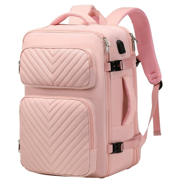 XJ-HOME 40L Travel Backpack for Women - Airline Approved Carry-On,  Expandable Waterproof Backpack with USB Charging Port, Suitcase for Camping, Hiking, School, Fits 17.3" Laptop (Pink)