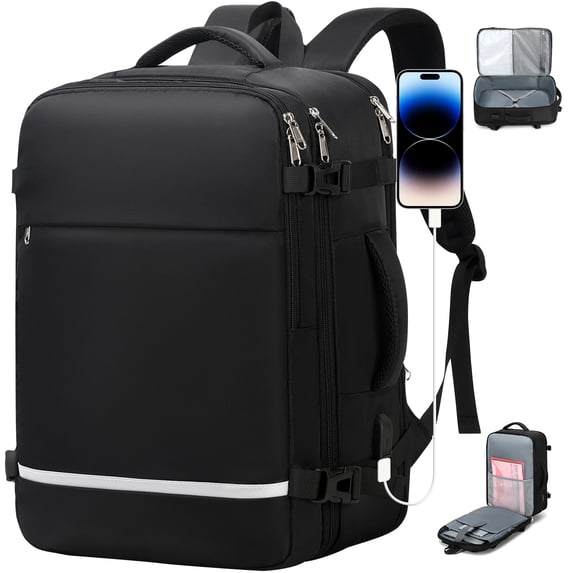 XJ-HOME Travel Backpack for Women, Flight Approved Carry On Backpack, Person Item Suitcase Backpack, 15.6" Laptop Backpack with USB Charging Port, Weekender College Daypack for Business Hiking, Black