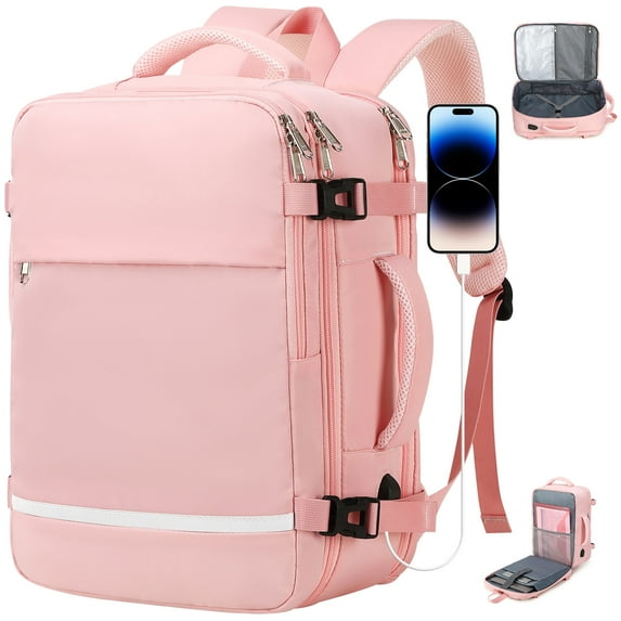 XJ-HOME Travel Backpack - Women's Airline Approved Carry-on, Waterproof College Backpack, Personal Item Suitcase, Business and Hiking Casual Bag, Fits 15.6" Laptop (Pink)