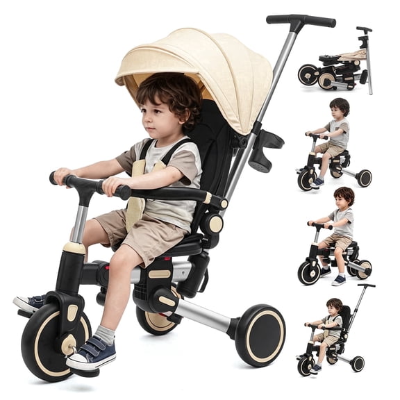 XJD 9 in 1 Multifunctional Tricycle for Toddlers, 2-4 Years Kids Foldable Tricycle with Adjustable Canopy, Detachable Backrest and Push Handle, Khaki