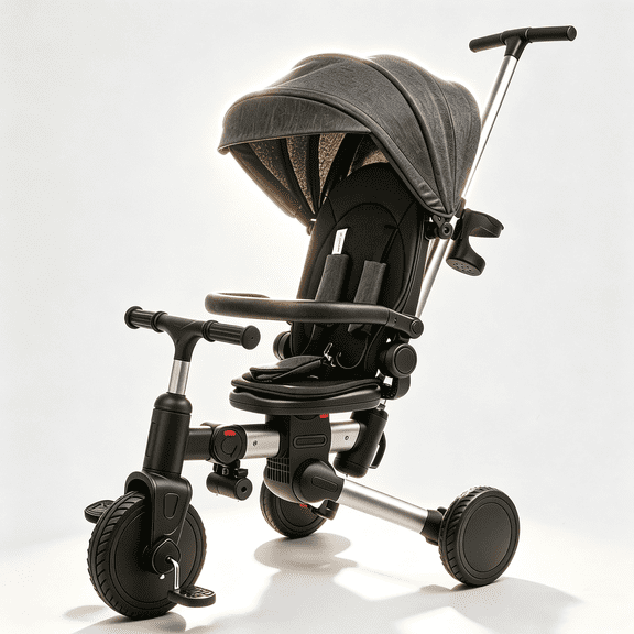 XJD Multifunctional 9-in-1 Baby Tricycle Stroller – Foldable Lightweight Toddler Ride-On, Convertible Push Trike with Safety Harness for Ages 1-5, Black