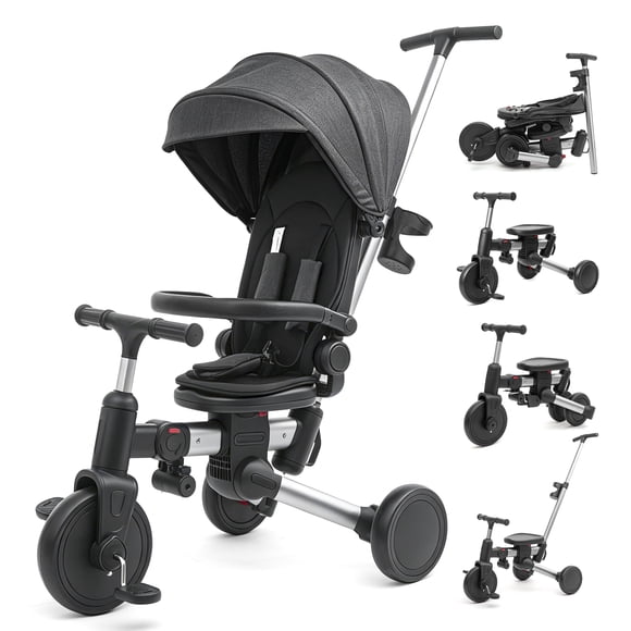 XJD 9 in 1 Multifunctional Tricycle for Toddlers, 2-4 Years Kids Foldable Tricycle with Adjustable Canopy, Detachable Backrest and Push Handle, Black