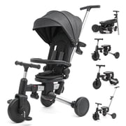 XJD 9 in 1 Multifunctional Tricycle for Toddlers, 2-4 Years Kids Foldable Tricycle with Adjustable Canopy, Detachable Backrest and Push Handle, Black