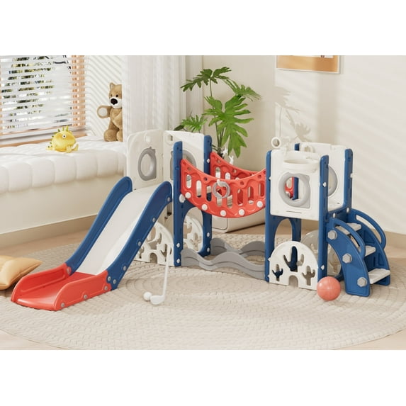 XJD 10 in 1 Toddler Slide Set, Kids Slide for Toddlers, Outdoor Indoor Playground for Toddlers 1-3, Toddler PlaySet with Basketball Hoop, Golf Set, Climbing Arch(Blue Red)