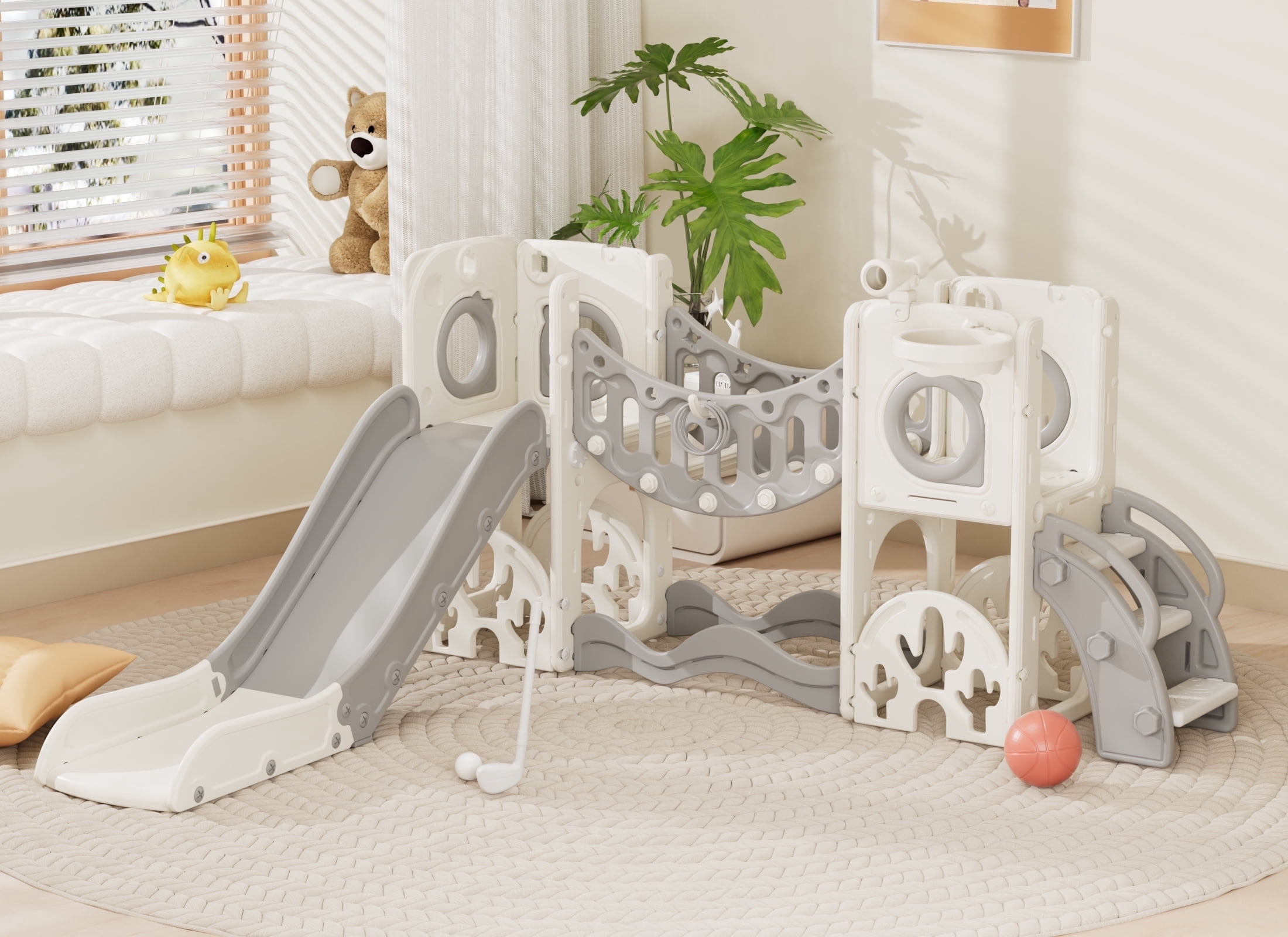 XJD 10 in 1 Toddler Slide Set, Kids Slide for Toddlers, Outdoor Indoor Playground for Toddlers 1-3, Toddler PlaySet with Basketball Hoop, Golf Set, Climbing Arch(Gray)