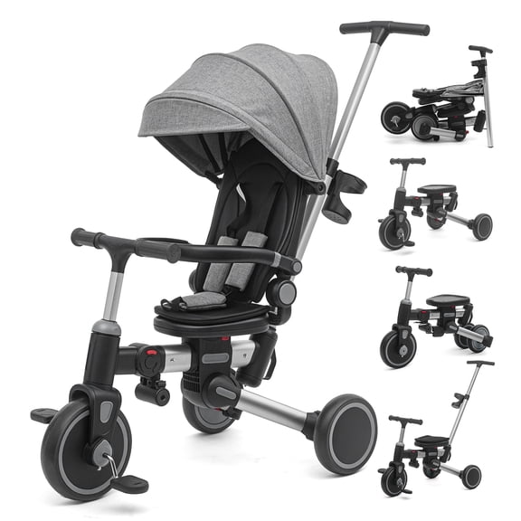 XJD 9 in 1 Multifunctional Tricycle for Toddlers, 2-4 Years Kids Foldable Tricycle with Adjustable Canopy, Detachable Backrest and Push Handle, Gray