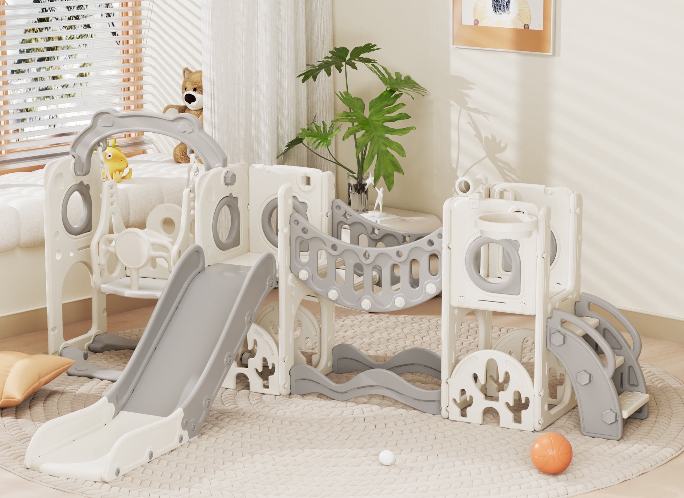 XJD 11 in 1 Toddler Slide and Swing Set, Kids Slide for Toddlers, Outdoor Indoor Playground for Toddlers 1-3, Toddler PlaySet with Basketball Hoop, Golf Set, Climbing Arch(Gray)