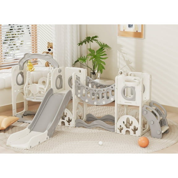 XJD 11 in 1 Toddler Slide and Swing Set, Kids Slide for Toddlers, Outdoor Indoor Playground for Toddlers 1-3, Toddler PlaySet with Basketball Hoop, Golf Set, Climbing Arch(Gray)