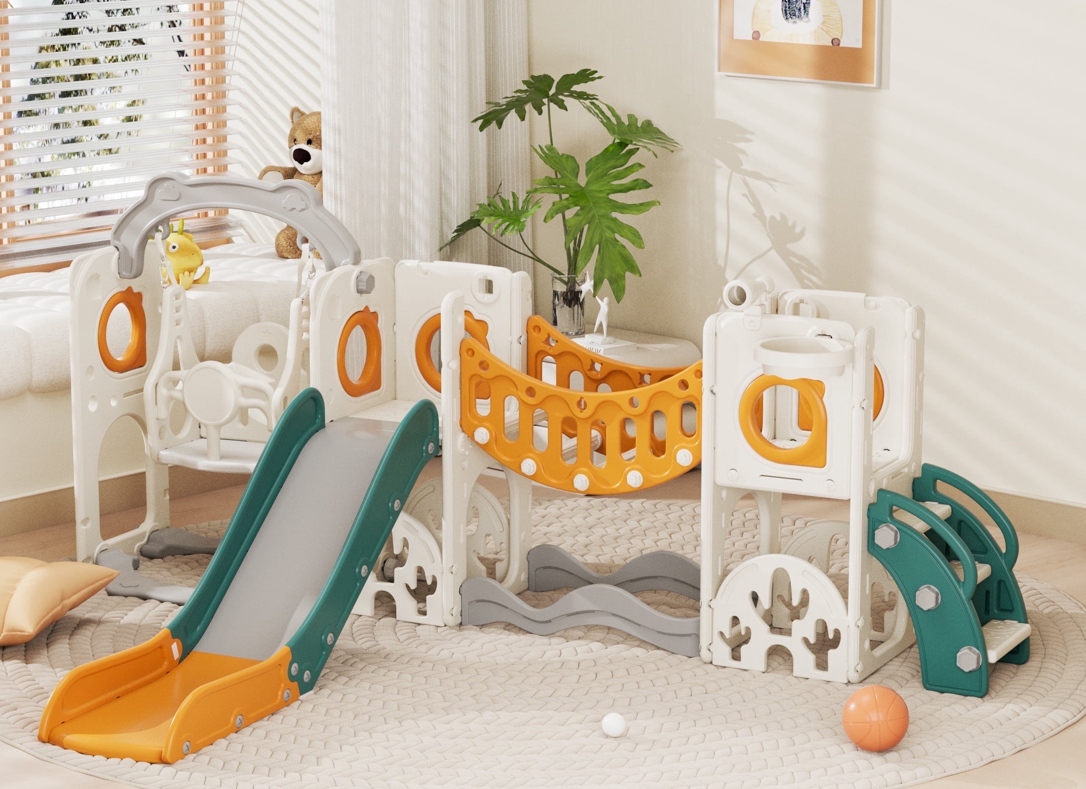 XJD 11 in 1 Toddler Slide and Swing Set, Kids Slide for Toddlers, Outdoor Indoor Playground for Toddlers 1-3, Toddler PlaySet with Basketball Hoop, Golf Set, Climbing Arch(Yellow Green)