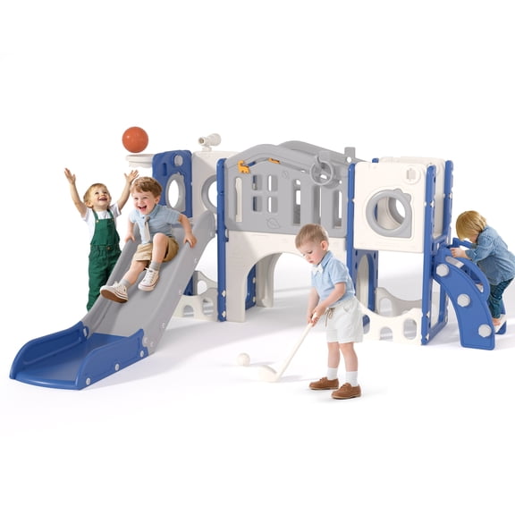 XJD 11 in 1 Toddler Slide PlaySet for kids indoor/outdoor for Toddlers Age 1-3, Blue & Gray