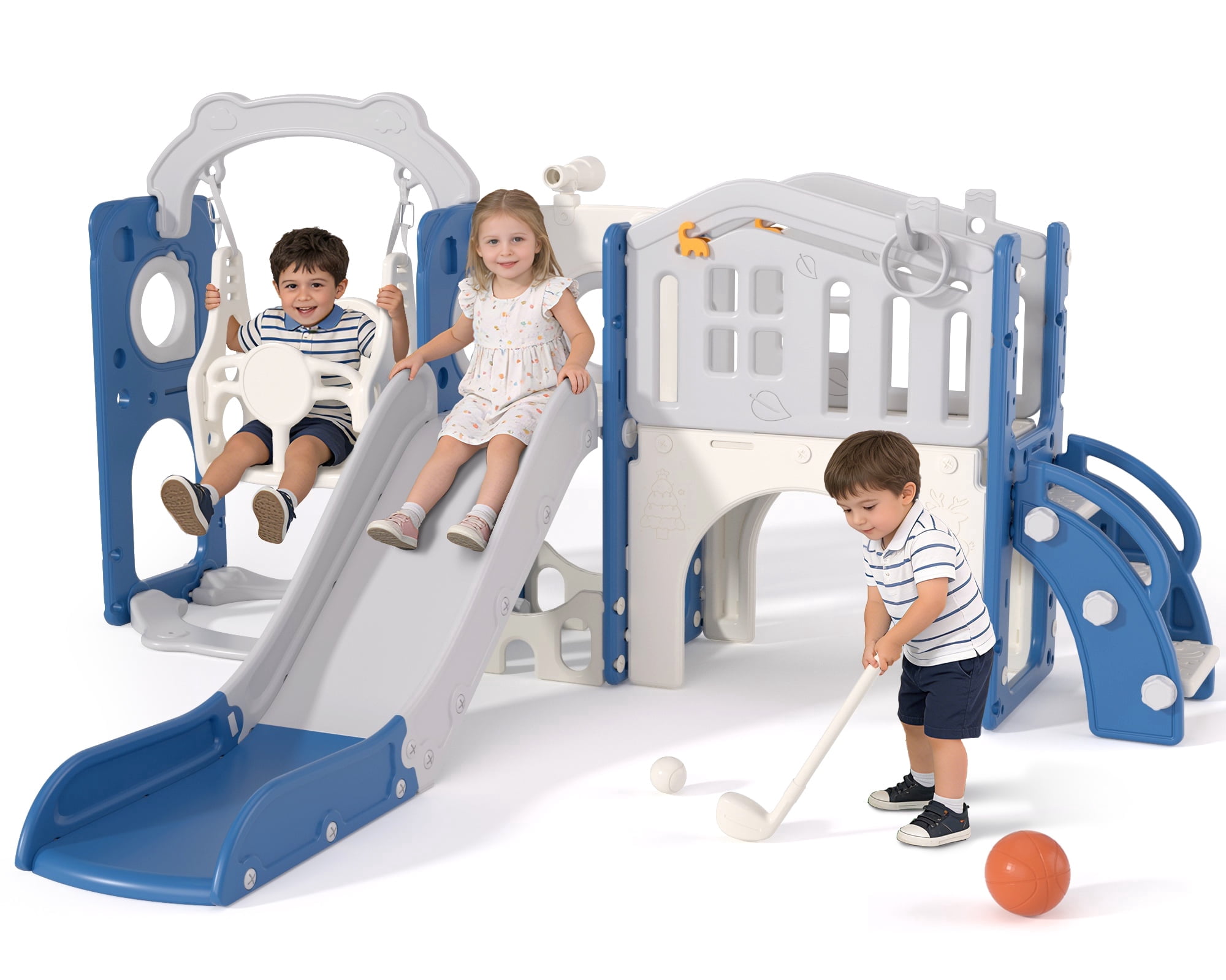 XJD 11 in 1 Toddler Slide and Swing Set - Baby Slide for Toddlers 1-3, Indoor Outdoor Toddler Playset Playground, Blue & Gray