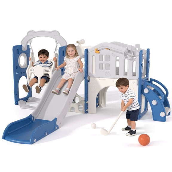 XJD 11 in 1 Toddler Slide and Swing Set - Baby Slide for Toddlers 1-3, Indoor Outdoor Toddler Playset Playground, Blue & Gray