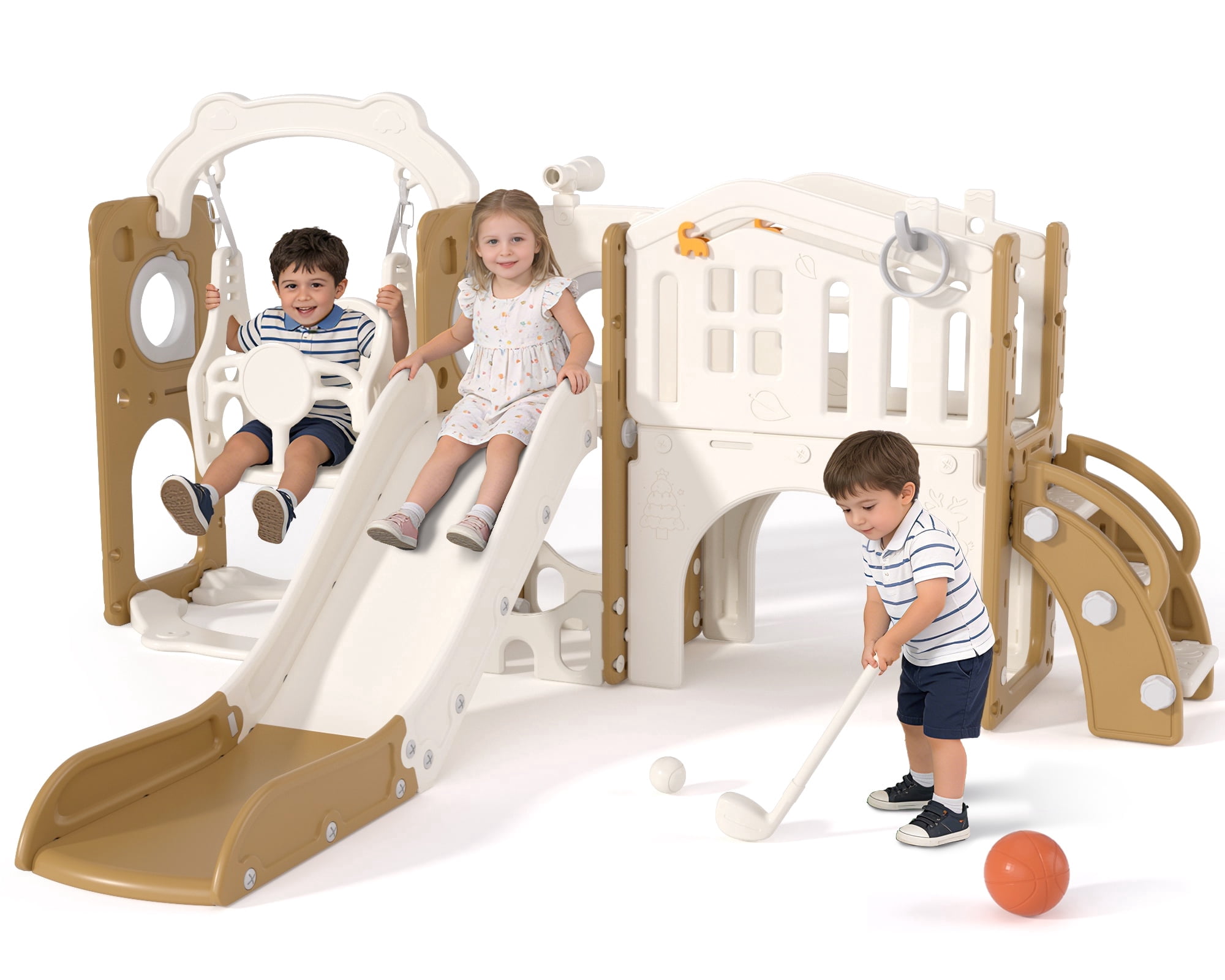XJD 11 in 1 Toddler Slide and Swing Set - Baby Slide for Toddlers 1-3, Indoor Outdoor Toddler Playset Playground, Coffee