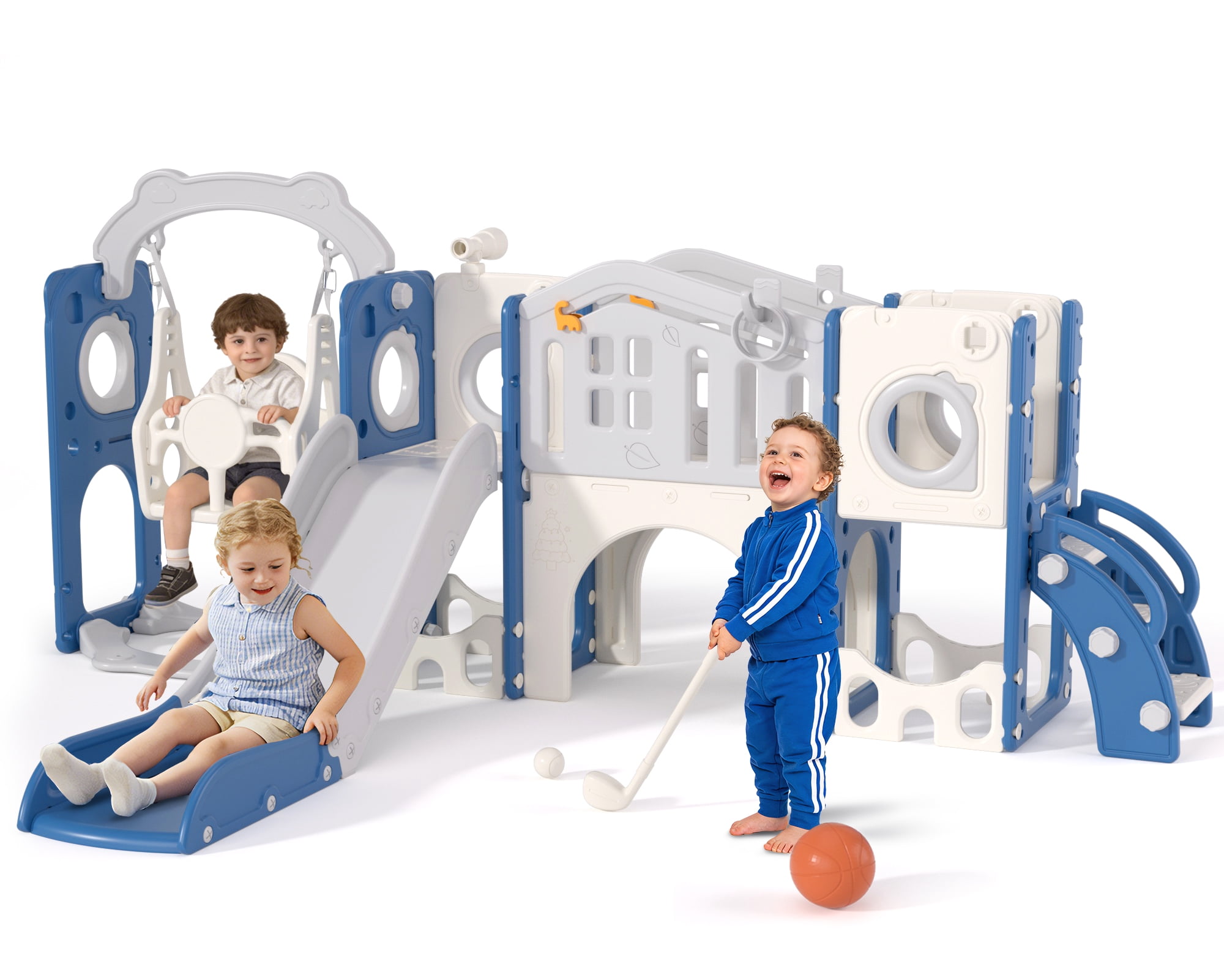 XJD 12 in 1 Toddler Slide and Swing Set - Baby Slide for Toddlers 1-3, Indoor Outdoor Toddler Playset Playground, Blue & Gray