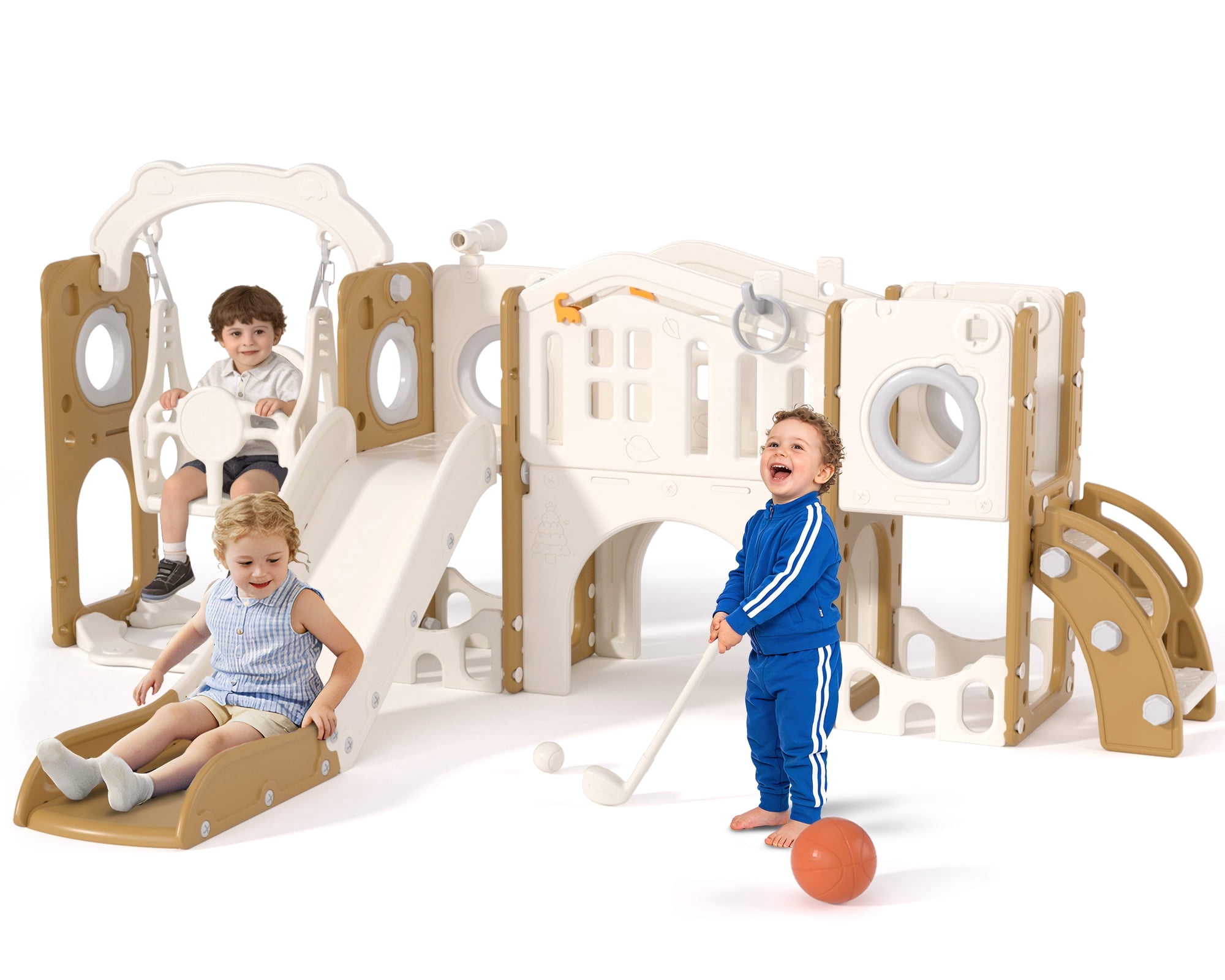 XJD 12 in 1 Toddler Slide and Swing Set - Baby Slide for Toddlers 1-3, Indoor Outdoor Toddler Playset Playground, Coffee