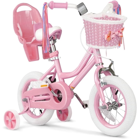 XJD 12 inch Kids Girls Bike for 3-12 Years Old Toddlers, Princess Children Bicycle with Training Wheels, Streamers, Basket, Doll Seat, Pink