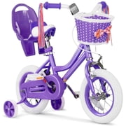 XJD 12 inch Kids Girls Bike for 3-12 Years Old Toddlers, Princess Children Bicycle with Training Wheels, Streamers, Basket, Doll Seat, Purple