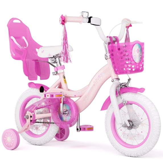 XJD 12 inch Toddler Girls Bike for age 2-4 Years Child Bike With Training Wheels, Kids Bike With Handbrake Basket, Princess Bicycle Pink