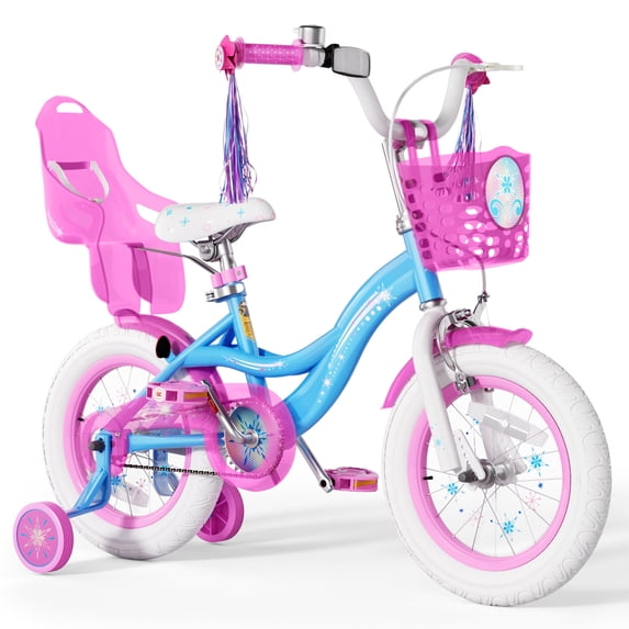 XJD 14 inch Girls Bike for age 3-5 Years Toddlers Bike With Training Wheels,Adjustable Kids Bike With Handbrake Basket, Princess Bicycle, Blue