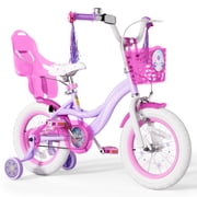 XJD 14 inch Girls Bike for age 3-5 Years Toddlers Bike With Training Wheels, Adjustable Kids Bike With Handbrake Basket, Princess Bicycle,Purple